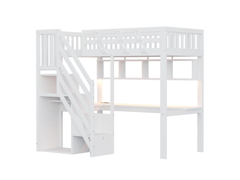  Lit mezzanine 90x200 cm en bois massif blanc avec escalier et rangement, bureau intégré, éclairage led ORFRLDB00496AAK - Conforama A