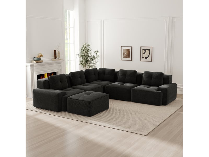  Canapé d’angle modulable 5 places en velours côtelé noir avec ottomane, 295 cm  - Conforama D