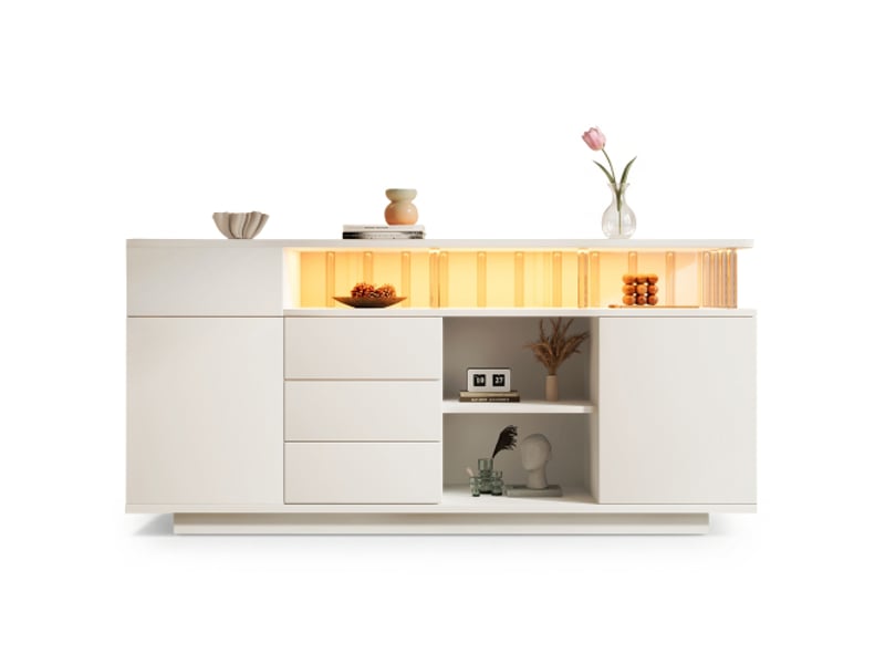 Bahut blanc 160x40x75 cm led, pieds en acrylique, 4 tiroirs, 2 portes, étagères réglables – salon, cuisine, entrée - Conforama A