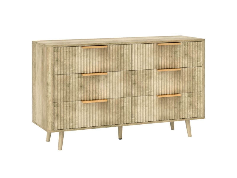  Commode 6 tiroirs scandinave avec poignées et pieds de pin, pour chambre à coucher, salon, couloir, chêne, 120x40x76cm  - Conforama B