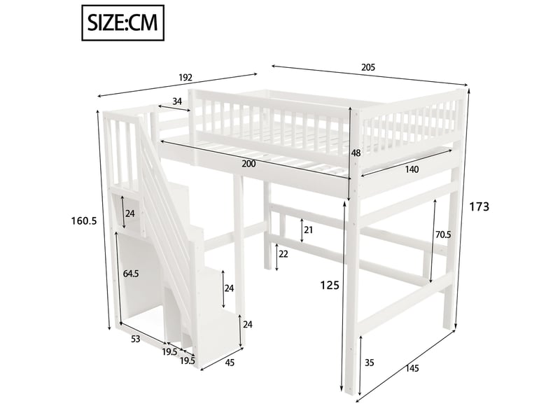  Lit enfant 140x200 cm avec escalier de rangement et garde-corps haut, gain de place, cadre en bois, blanc, sans matelas  - Conforama C