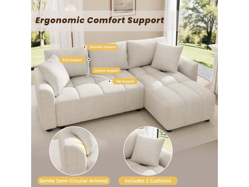 Canapé 3 places convertible en l,204x127x82.5cm tissu chenille, avec 2 coussins décoratifs, design moderne, beige, pour salon et appartement BUYDEEMEUS - Conforama E