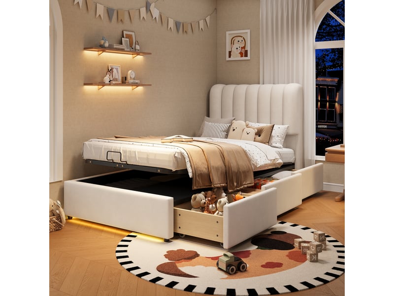  Lit coffre 90x200 cm, lit enfant, rangement hydraulique, 3 tiroirs, led, velours beige  - Conforama A