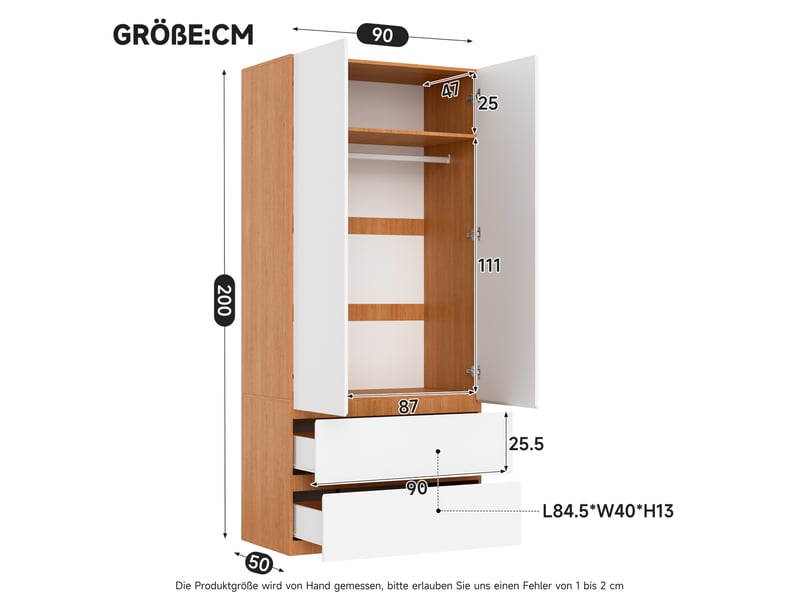  Armoire 2 portes modenvie avec penderie, 2 tiroirs et rangement haut 90 x 50 x 200 cm blanc décor chêne  - Conforama C