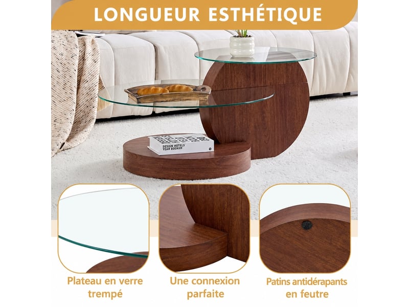  Table basse double plateau en verre de sécurité muvano, structure en mdf avec finition aspect bois de noyer, 90x70x44 cm  - Conforama D