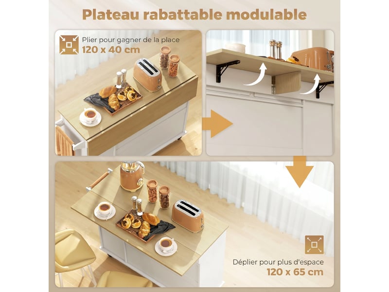  Îlot central cuisine avec plateau rabattable, roulettes, 2 tiroirs, portes à fermeture douce, blanc, porte-serviettes  - Conforama E