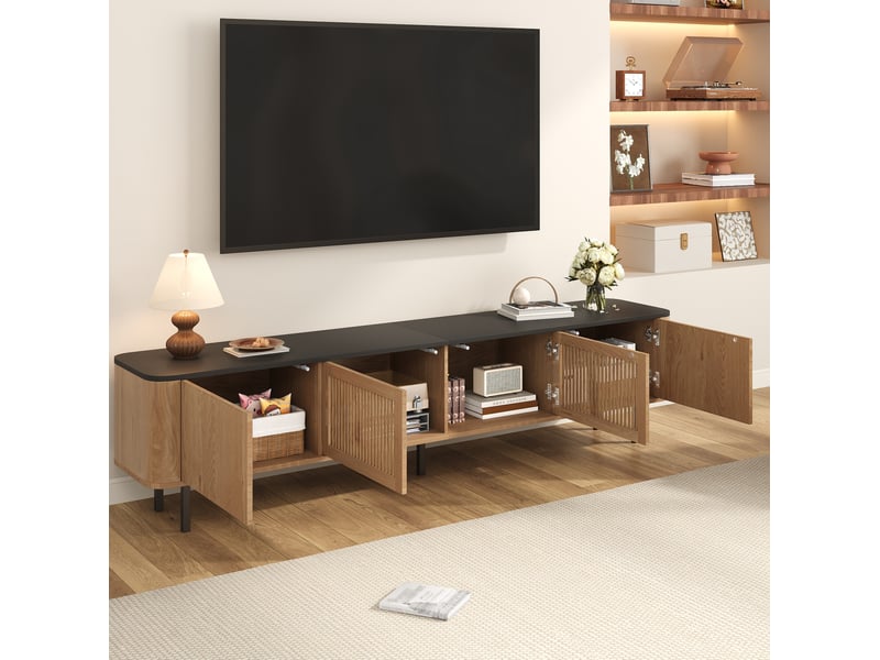 Meuble tv avec portes grillagées et compartiments de rangement, pieds en métal, pour salon, chêne, 190 × 35 × 45 cm  - Conforama D