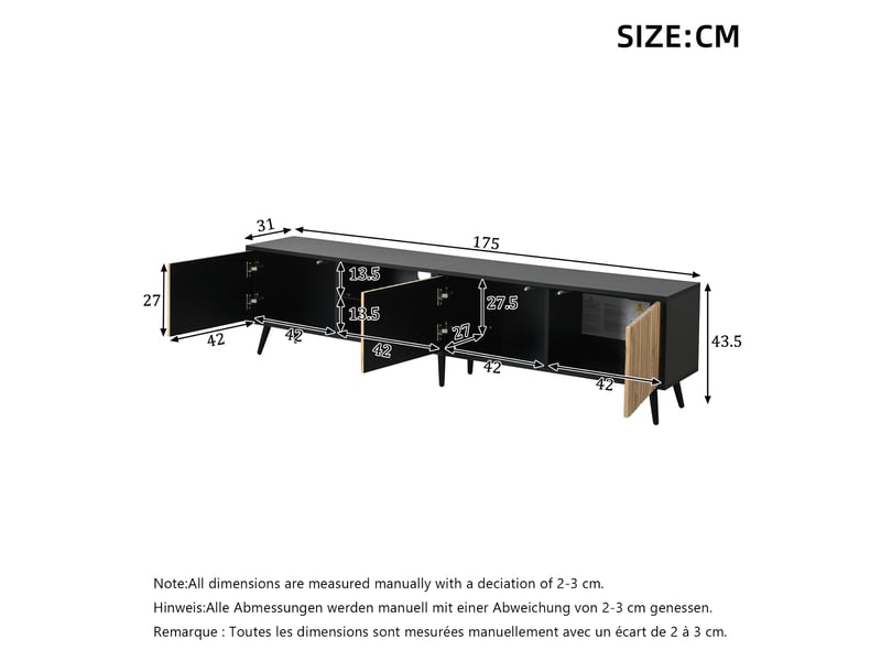  Meuble tv led 175x31x43,5 cm avec 3 portes, verre trempé et 6 pieds, grand rangement, bois naturel evarich - Conforama C