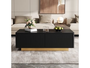 Table basse 110 x 50 x 35 cm, 2 tiroirs, façade rainurée, niches ouvertes, angles arrondis, rangement