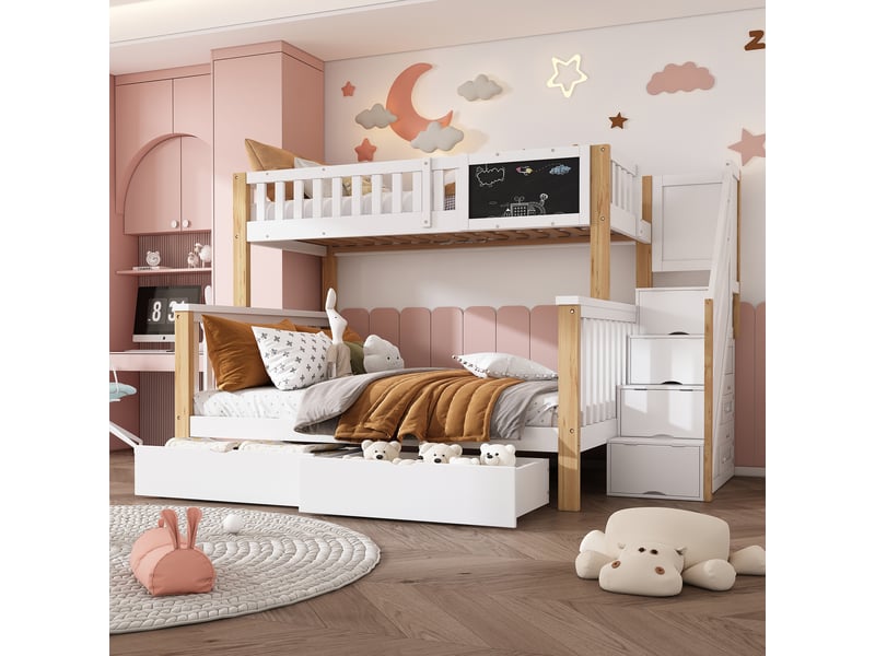  Lit superposé 3 places 90 × 200 cm et 140 × 200 cm avec 2 tiroirs, escalier rangement, sans matelas, blanc chêne clair  - Conforama C