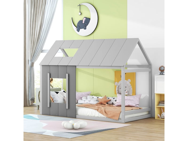  Lit cabane enfant 90 x 200 cm en pin et mdf avec toit et fenêtres, gris foncé et clair  - Conforama B