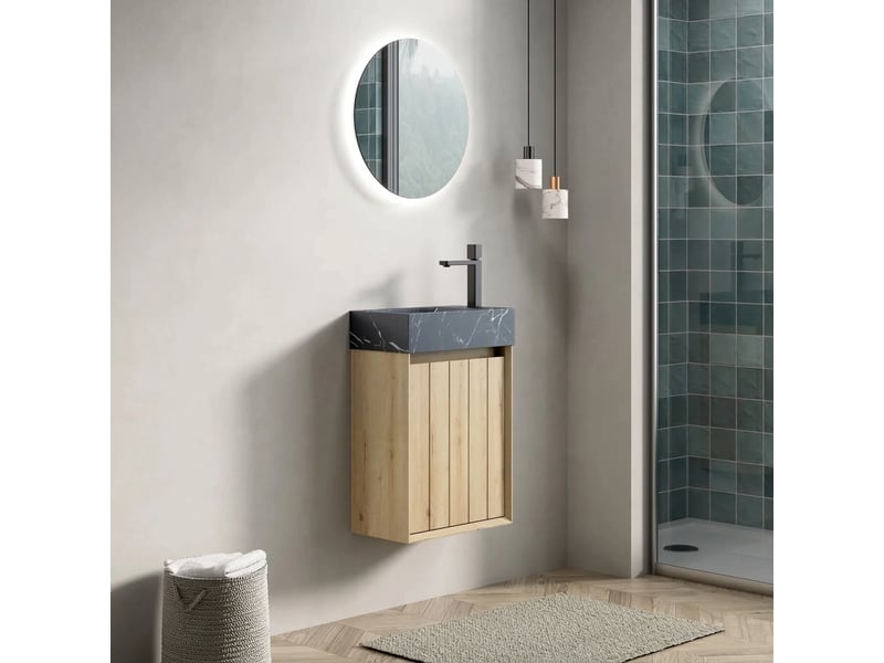  Meuble salle de bain suspendu 40cm avec vasque en marbre noir et porte couleur chêne blanc  - Conforama C