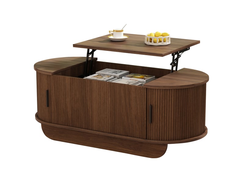 Table basse ovale relevable avec rangement et portes à rideau en mdf, finition noyer - Conforama A