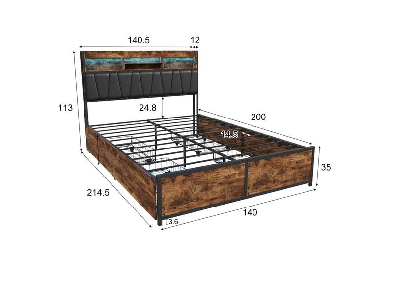  Lit double 140x200 cm avec 4 tiroirs et led, lit adulte avec ports usb et tête de lit capitonné, style industriel, noir  - Conforama E