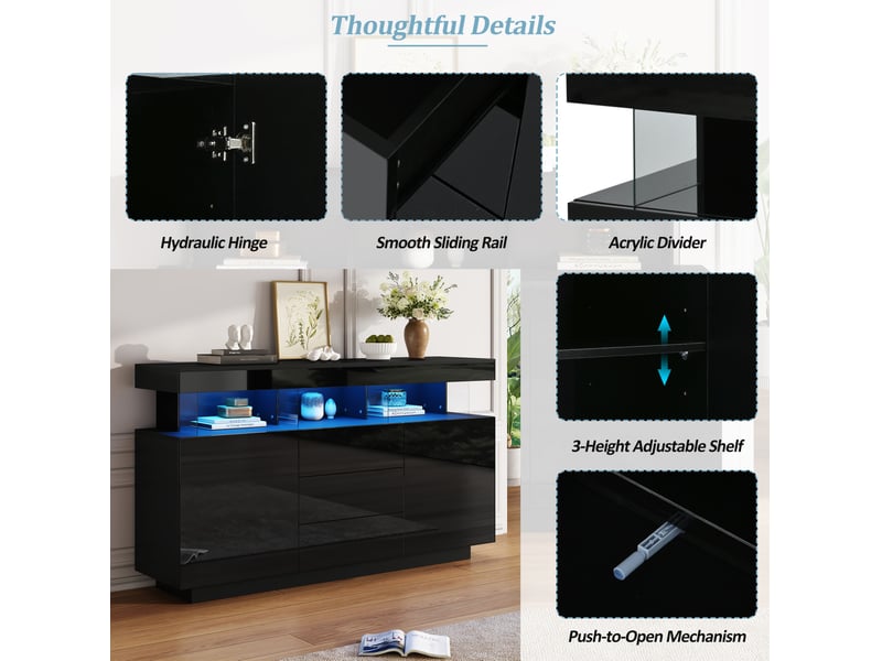  Buffet laqué moderne 140x35x80 cm, avec éclairage led réglable, 3 tiroirs, 2 portes battantes, plateau acrylique, noir  - Conforama E