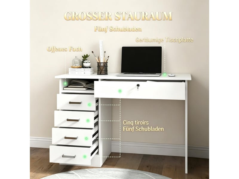  Bureau informatique avec 5 tiroirs dont 1 verrouillable et niche ouverte, 110 × 50 × 76 cm, blanc  - Conforama E