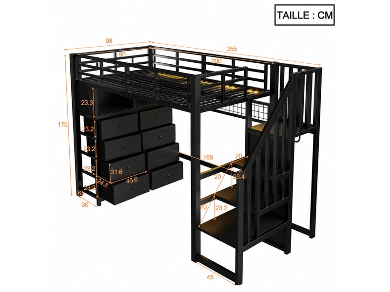 Lit mezzanine, lit simple en métal avec 8 tiroirs, 2 étagères, led et escalier de rangement, 200x90 cm, noir - Conforama D