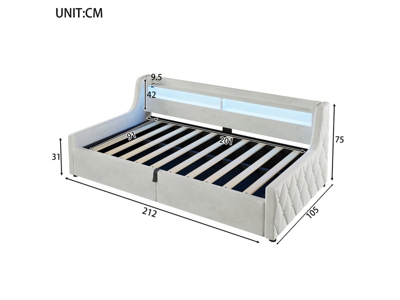  Lit jeune 90x200 cm, avec coffre hydraulique et tête de lit led, design moderne, flanelle, couleur beige, sans matelas  - Conforama C