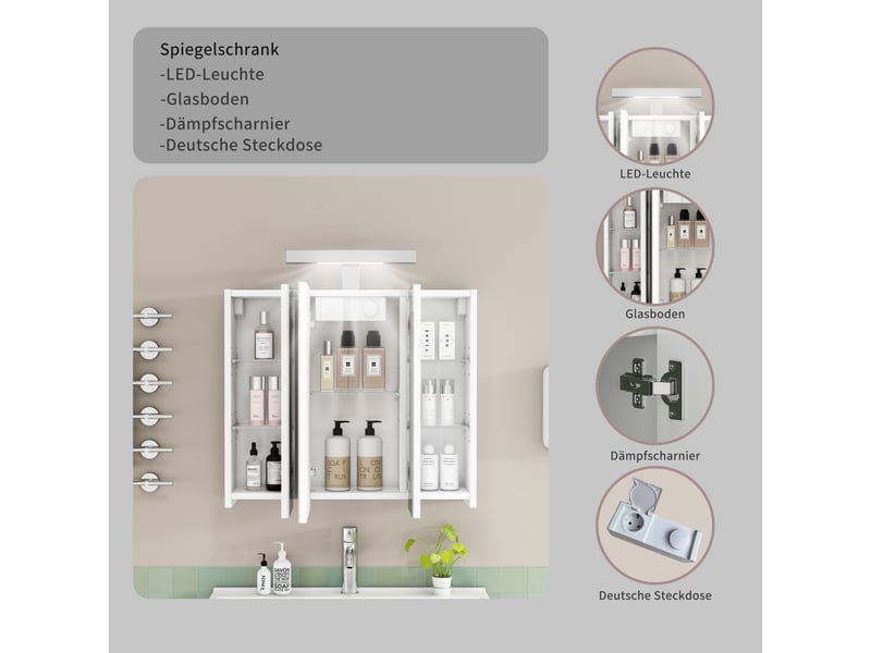 Meuble miroir salle de bain led 60 cm, 3 portes, prise, étagères réglables, blanc - Conforama E