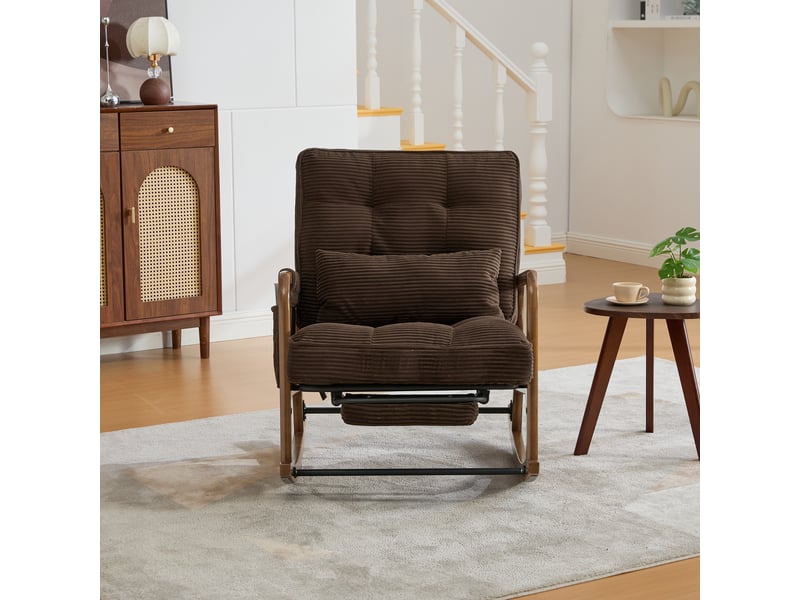  Fauteuil à bascule velours côtelé marron avec repose-pieds rétractable, dossier réglable et coussin lombaire, 70x80x92 cm  - Conforama E