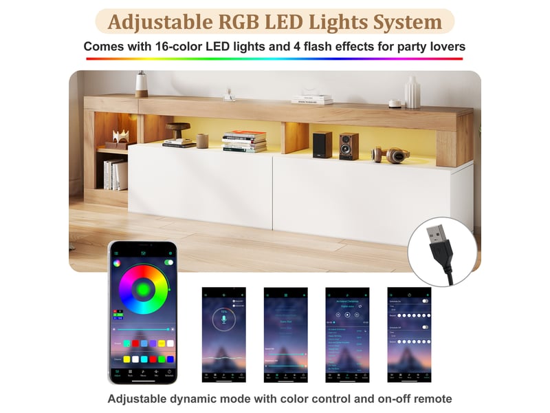  Meuble tv moderne blanc et bois avec éclairage led, meuble tv pour téléviseur jusqu'à 80 pouces, rangements ouverts et fermés  - Conforama W
