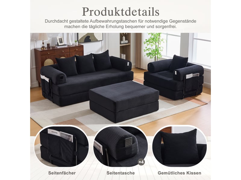  Canapé modulable, canapé 4 places, en velours tricoté, poches latérales, mousse haute densité, avec pouf  - Conforama D