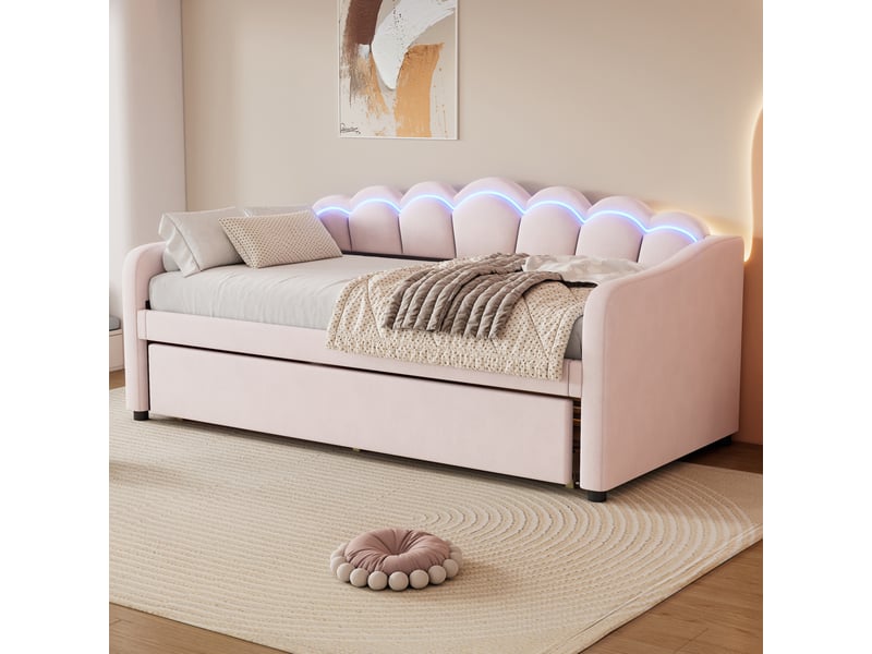  Lit gigogne 90x200cm avec lit extensible, éclairage led multicolore, design ondulé, velours, rose, sans matelas  - Conforama C