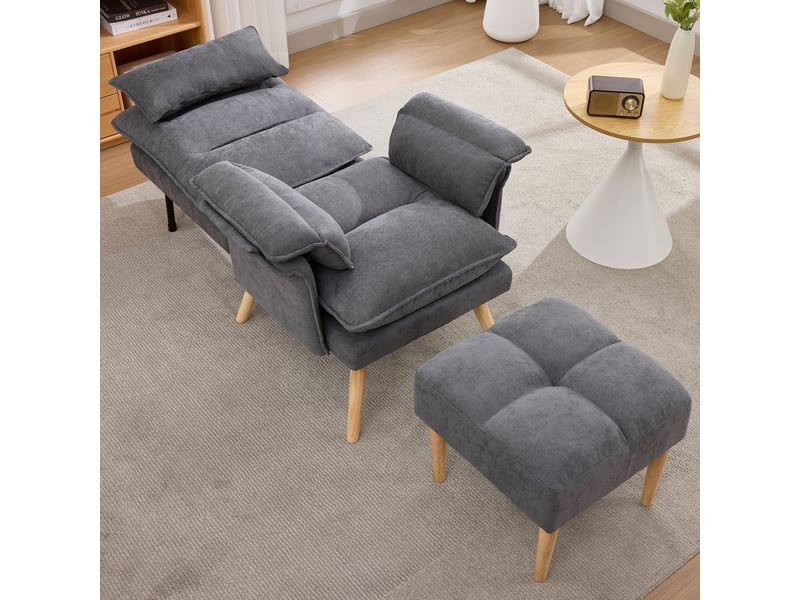  Fauteuil relax avec pouf, dossier réglable 5 positions et coussin d'appui, assise ergonomique en lin gris  - Conforama B