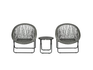 Salon de jardin pliant 3 pièces gris en rotin synthétique, 2 fauteuils et table ronde pour balcon et terrasse
