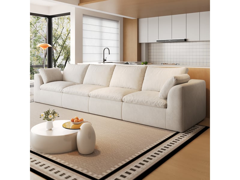  Canapé nuage 4 places 310x90 cm en tissu lin blanc beige, mousse haute élasticité compressée, assise profonde, sans montage, format compact  - Conforama C