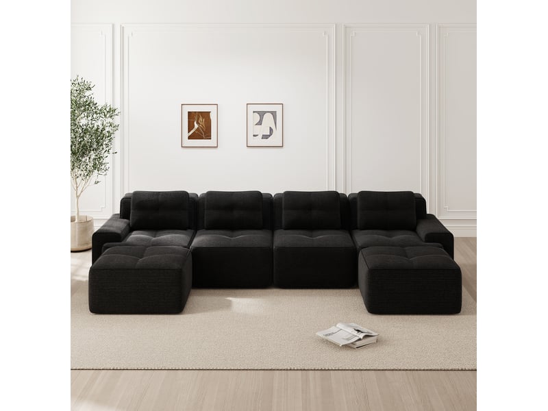  Canapé modulable d’angle en u 4 places 382x177x69 cm, sans montage, assise profonde 74 cm, en velours côtelé, noir  - Conforama D