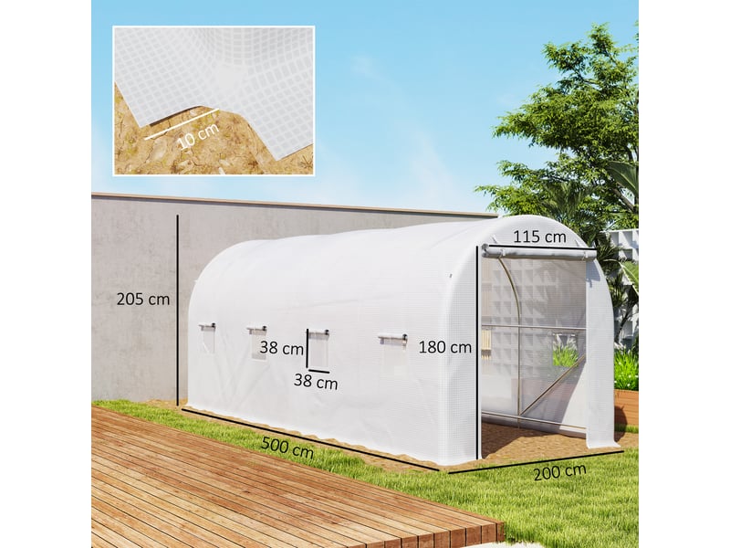  Serre tunnel 500 x 200 x 205 cm, serre de jardin avec porte enroulable et 8 fenêtres, bâche en polyéthylène 140 gm² blanche  - Conforama E