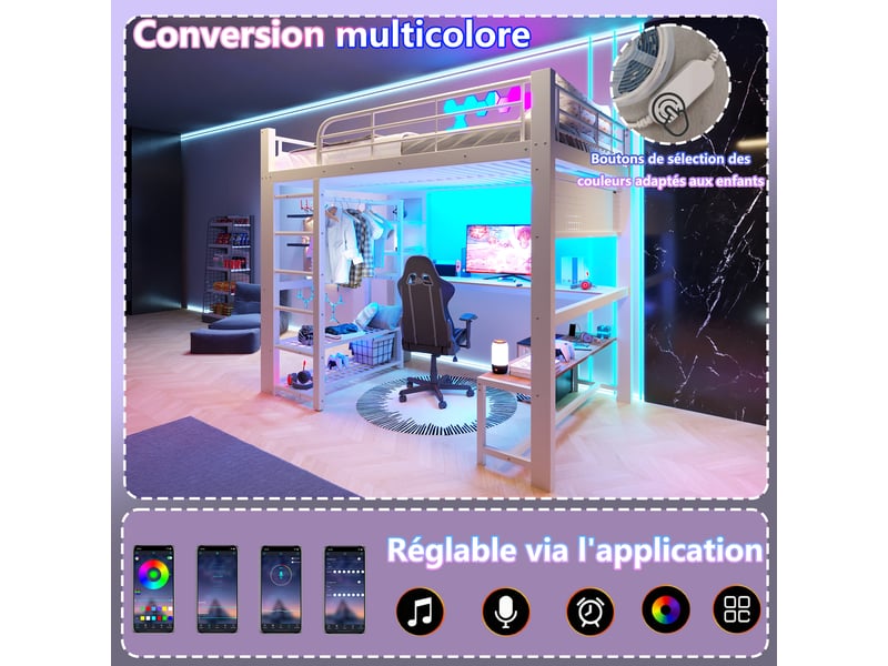  Lit mezzanine multifonctionnel 140×200cm sans matelas, structure métal, bureau, led, échelle avec coffre, blanc  - Conforama E