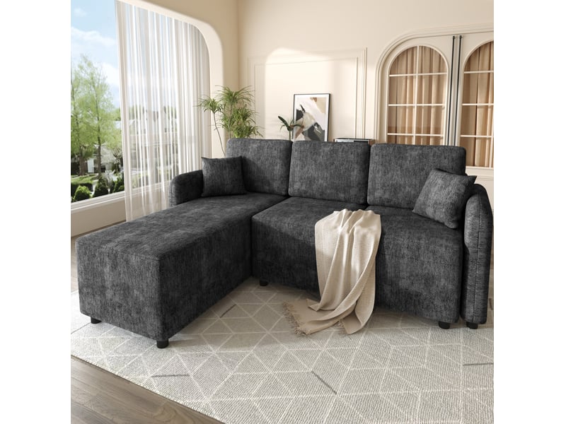 Canapé d'angle 3 places avec méridienne longue, assise en mousse haute densité et 2 coussins en chenille noir - Conforama E