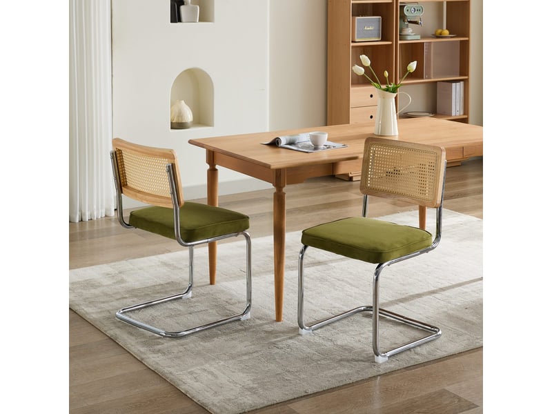  Lot de 2 chaises de salle à manger – velours vert, dossier rotin, base chrome - chaise idéales pour cuisine et salle à manger - style vintage  - Conforama B