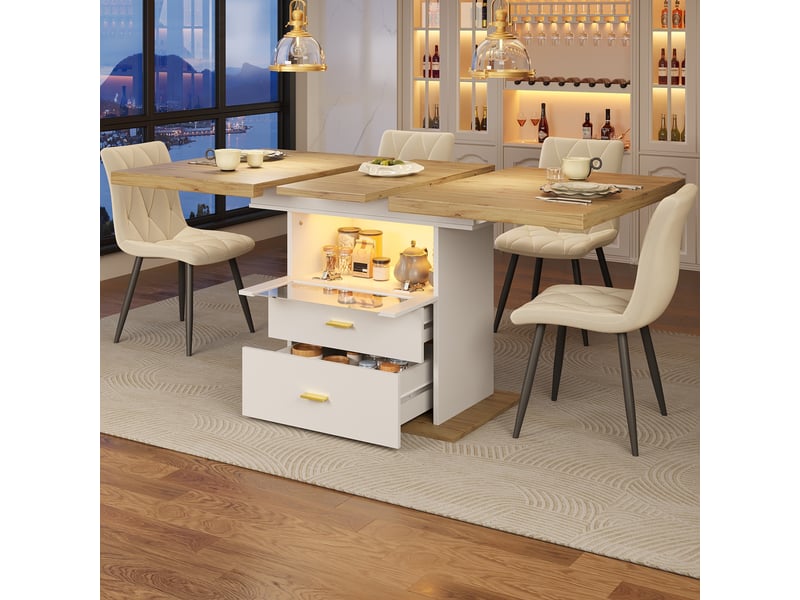 Table de salle à manger extensible avec éclairage led 110-140x80x75 cm, 2 tiroirs et espace de rangement, panneau aggloméré blanc, cuisine - Conforama B