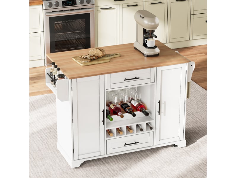 Desserte de cuisine 138x70x92 cm avec plan rabattable, rangements, blanc naturel - Conforama D