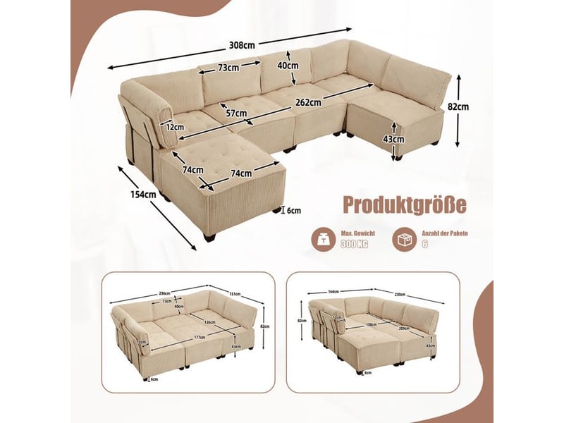  Canapé modulaire 6 places - tissu côtelé - ergonomique - poches de rangement - flexible en ulcanapé-lit beige - Conforama E