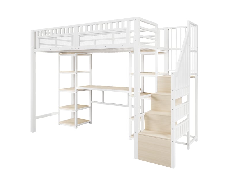 Lit mezzanine métal blanc 90x200 cm avec bureau led usb rangement échelle - Conforama D