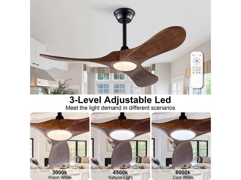 Ventilateur de plafond 106 cm éclairage led 3 pales bois massif noyer et noir réversible 6 vitesses télécommande - Conforama B
