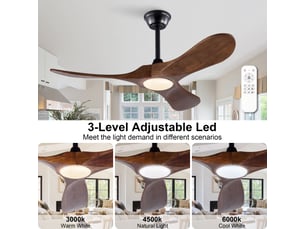 Ventilateur de plafond 106 cm éclairage led 3 pales bois massif noyer et noir réversible 6 vitesses télécommande