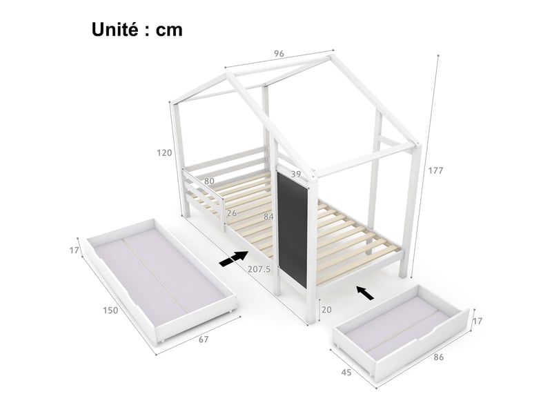 Lit cabane enfant 90x200 cm - lit en bois avec tableau et grands tiroirs de rangement - sans matelas - blanc  - Conforama C