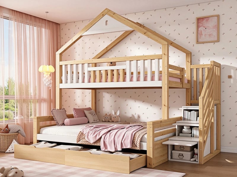  Lit superposé, 140x200 cm, en bois avec escalier,2 tiroirs et toit en pente, blanc et chêne  - Conforama B