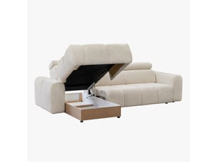 Canapé d'angle convertible avec têtières relevables en tissu beige -