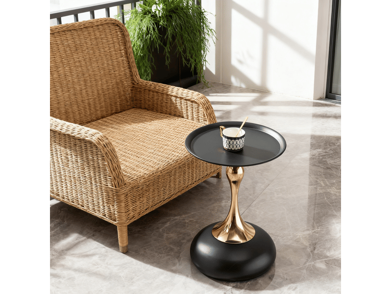  Table d’appoint ronde avec plateau et base en métal, format compact pour salon, chambre ou bureau, noir et doré  - Conforama C