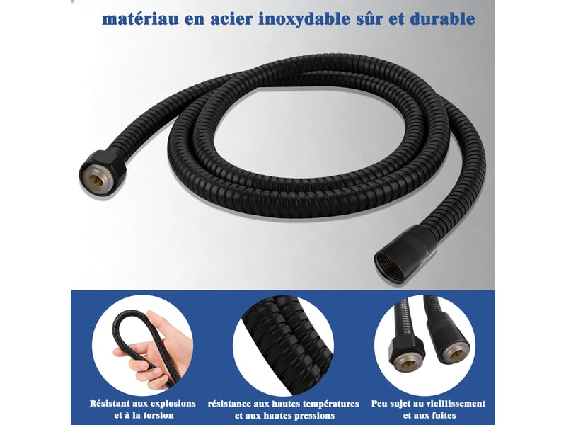  Pommeau de douche aica avec tuyau de douche 1.5m, douchette à main 3 modes, abs &amp; acier inoxydable 304, noir  - Conforama D