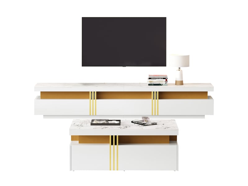  Ensemble meuble TV blanc, avec garniture dorée, comprenant une table basse et un support TV  - Conforama A