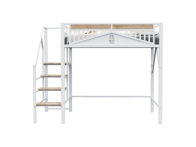  Lit mezzanine 140x200, structure métal robuste lit mezzanine, escalier sécurité rangement intégré  - Conforama D