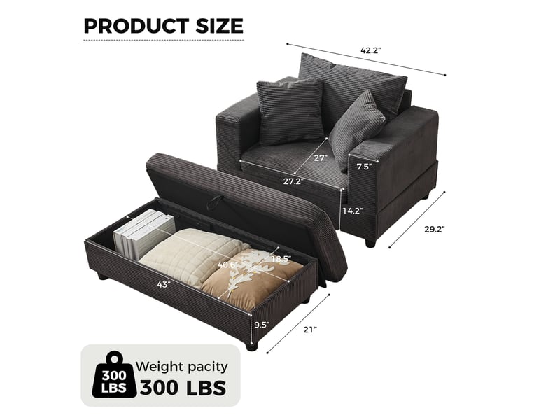  Chaise longue,107x74x57 cm,avec rangement et 3 coussins,velours côtelé,gris  - Conforama C