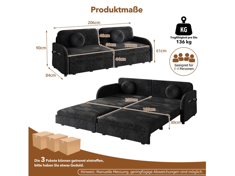  Canapé-lit 2 places 206x84x90 cm 3-en-1, poche latérale, canape droit en métal, bois, mousse et tissu chenille noir  - Conforama C